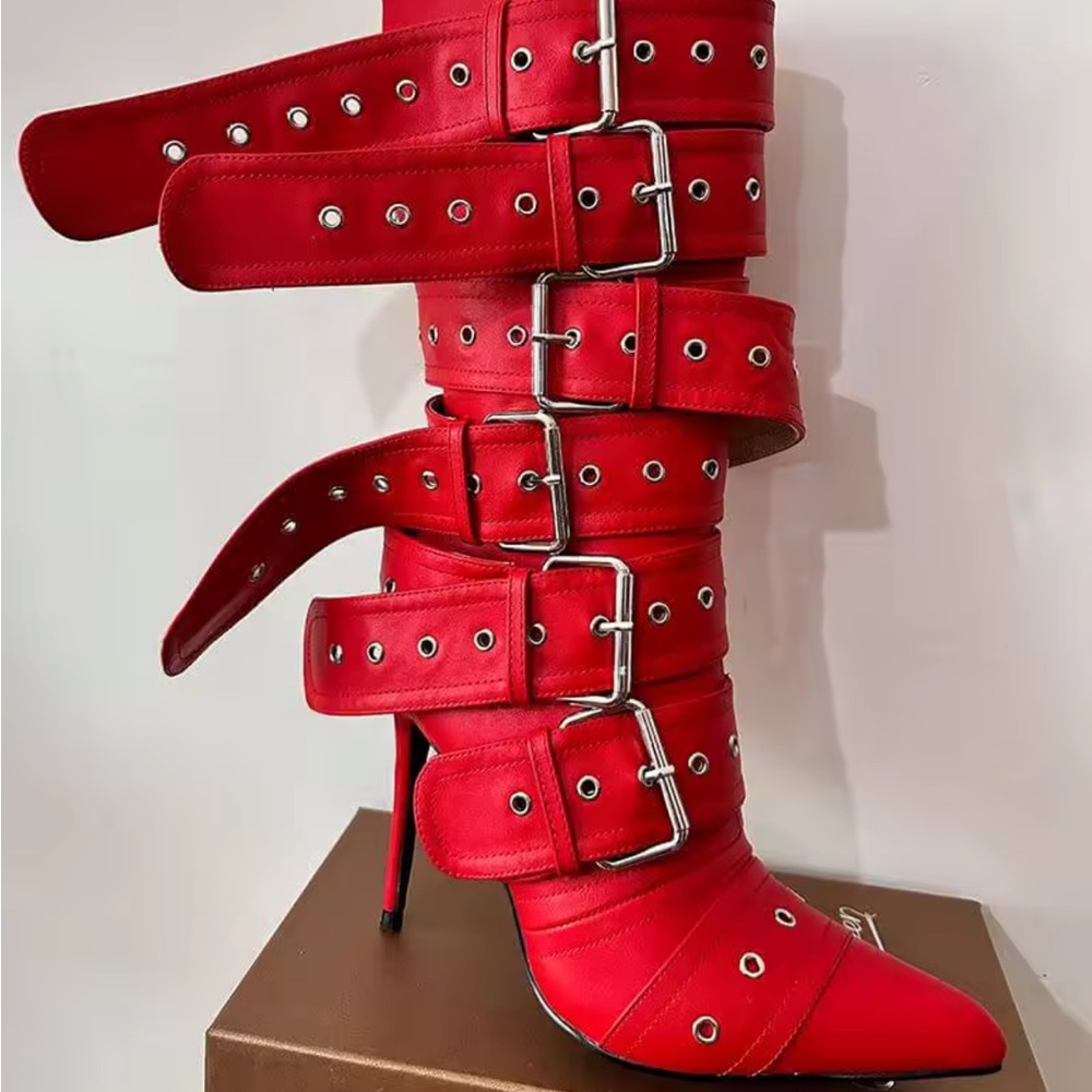 Red Strappy High Heel Boots with buckle design size CN 35